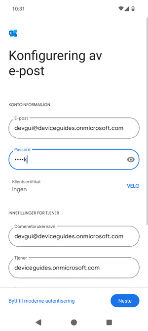 Skriv inn Brukernavn og Exchange serveradresse. Velg Neste