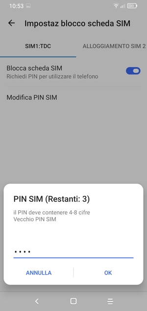 Inserisci Vecchio PIN SIM e seleziona OK