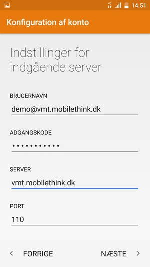 Indtast BRUGERNAVN og indgående serveradresse. Vælg NÆSTE