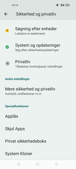 Scroll til og vælg  Mere sikkerhed og privatliv