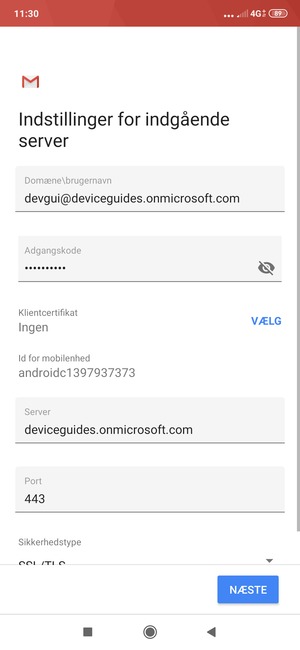 Indtast Exchange serveradresse og vælg NÆSTE