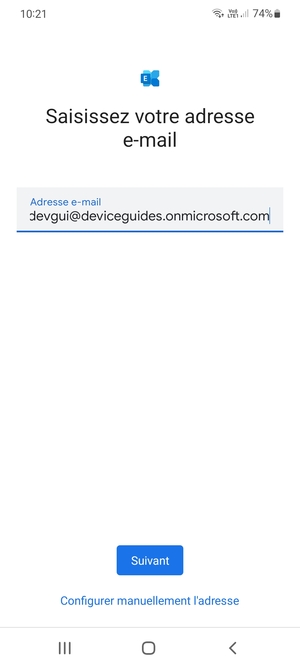Saisissez votre adresse e-mail et sélectionnez Configurer manuellement l'adresse