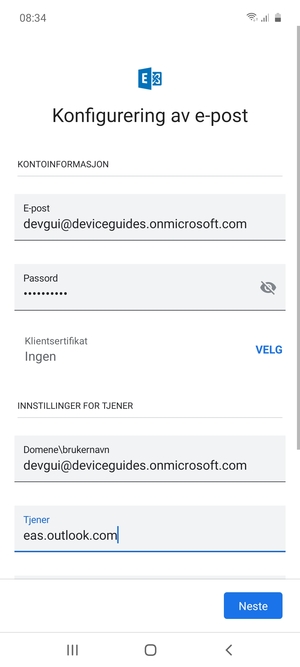 Skriv inn Brukernavn og Exchange serveradresse. Velg Neste