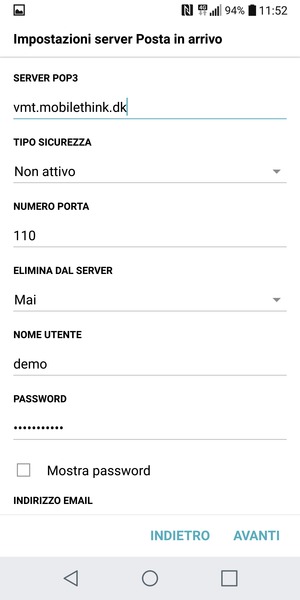 Inserisci l'indirizzo del server Posta in arrivo e Nome utente. Seleziona AVANTI