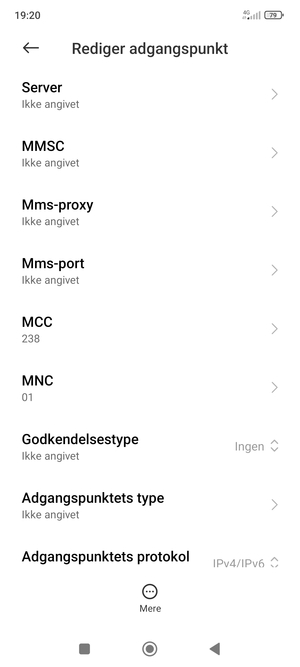 Scroll ned og indtast internet-oplysninger