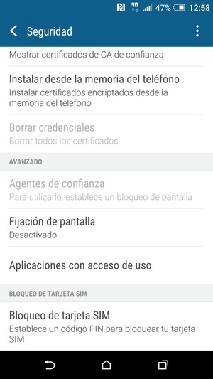 Para cambiar el PIN de la tarjeta SIM, vuelva al menú Seguridad, desplácese y seleccione Bloqueo de tarjeta SIM