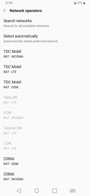 Select a network operator from the list