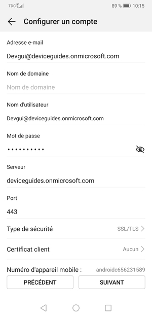 Saisissez l'adresse du serveur Exchange et sélectionnez SUIVANT