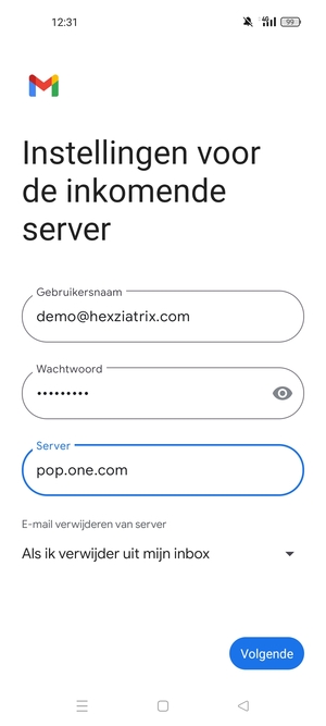 Voer Gebruikersnaam en binnenkomend serveradres in. Selecteer Volgende