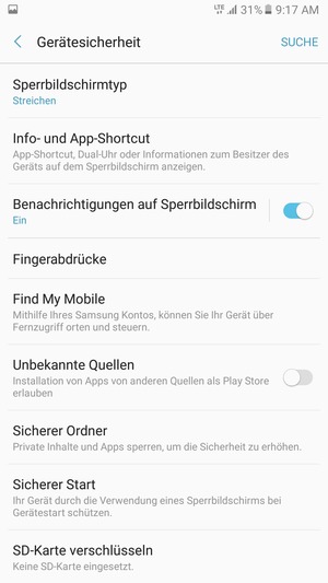 Um Ihre Bildschirmsperre zu aktivieren, gehen Sie zum Gerätesicherheit Menü und wählen Sie  Sperrbildschirmtyp