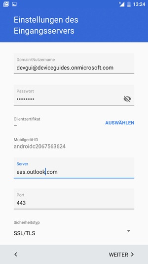 Geben Sie Benutzername und Exchange Server-Adresse ein. Wählen Sie WEITER