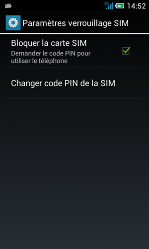 Cochez la case Bloquer la carte SIM et sélectionnez Changer code PIN de la SIM