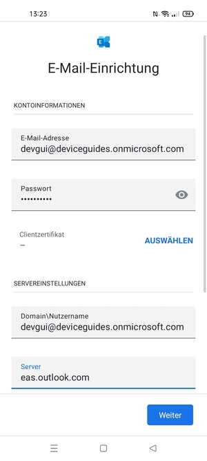 Geben Sie Benutzername und Exchange Server-Adresse ein. Wählen Sie Weiter