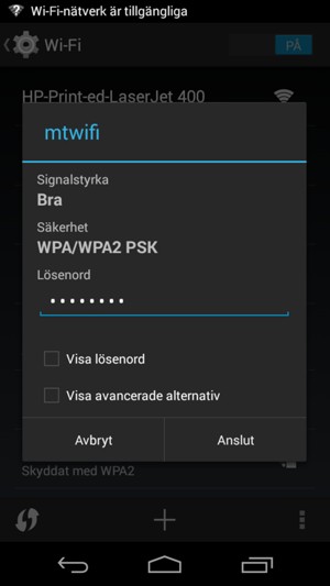 Ange lösenord till Wi-Fi och välj Anslut