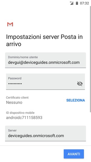 Inserisci Nome utente e l'indirizzo del server Exchange. Seleziona AVANTI