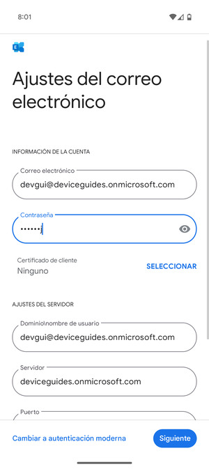 Introduzca Nombre de usuario y la dirección de servidor Exchange. Seleccione Siguiente