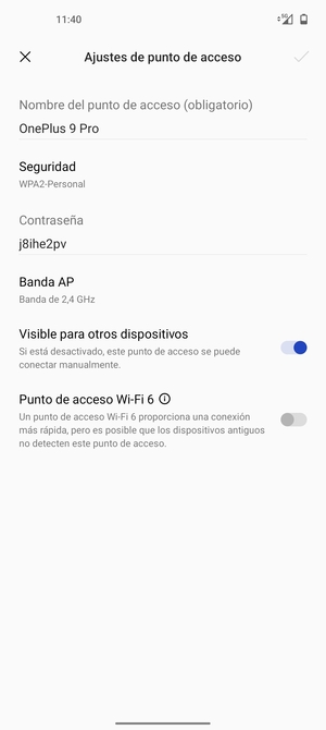 Introduzca una contraseña de punto de acceso Wi-Fi de al menos 8 caracteres y seleccione Aceptar