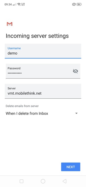Enter Username and Incoming server address. Select NEXT