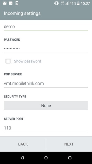 Enter Incoming server address and select NEXT