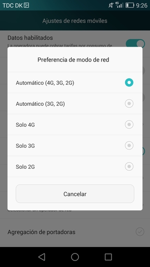Seleccione Automático (3G, 2G) para habilitar 3G y Automático (4G, 3G, 2G) para habilitar 4G