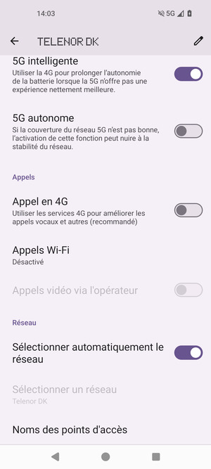 Pour changer de réseau en cas de problèmes de réseau, désactiver Sélectionner automatiquement le réseau
