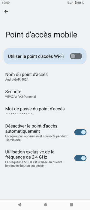 Sélectionnez Mot de passe du point d'accès