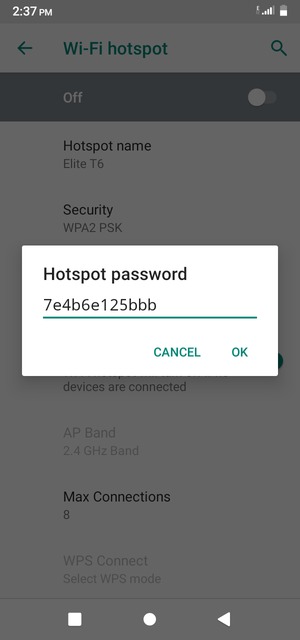 Enter a Wi-Fi hotspot password of at least 8 characters and select OK