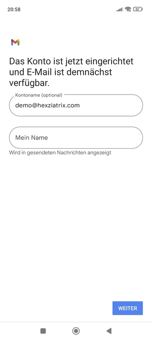 Geben Sie Ihrem Konto einen Namen und geben Sie Ihren Namen ein. Wählen Sie WEITER