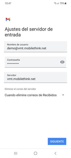 Introduzca Nombre de usuario y la dirección de servidor entrante. Seleccione SIGUIENTE