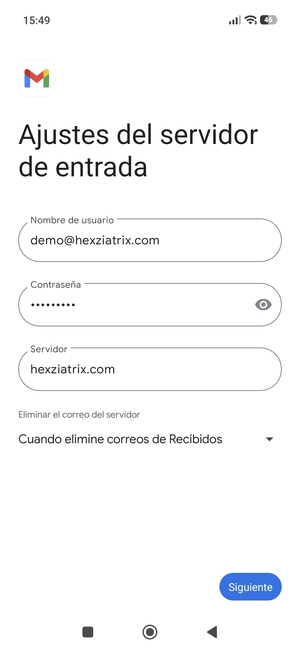 Introduzca Nombre de usuario y la dirección de servidor entrante. Seleccione Siguiente