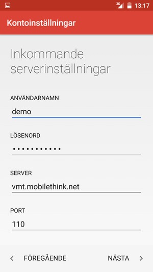 Ange Användarnamn och inkommande serveradress