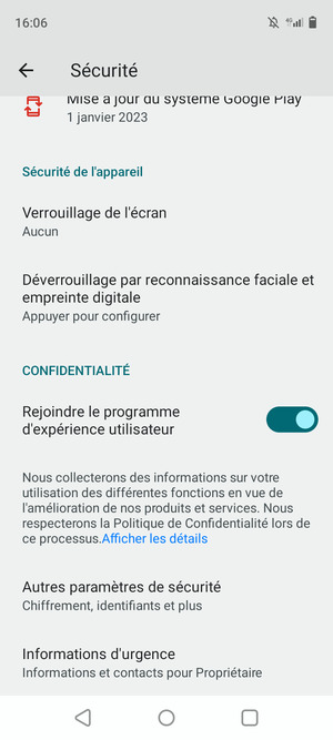 Pour changer le code PIN de la carte SIM, allez dans le menu Sécurité et sélectionnez Autres paramètres de sécurité