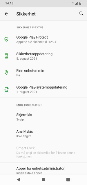 For å aktivere skjermlåsen, gå til Sikkerhet-menyen og velg Skjermlås