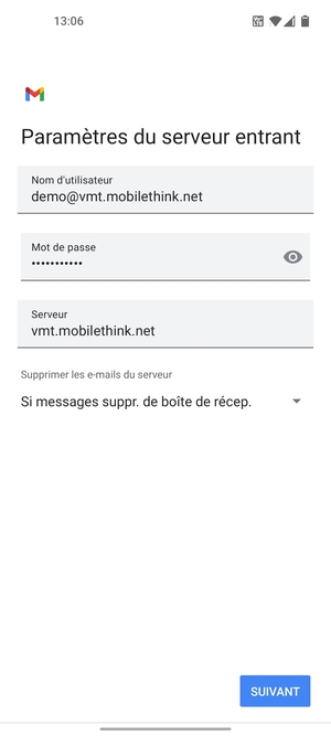 Saisissez votre Nom d'utilisateur et l'adresse du serveur entrant. Sélectionnez SUIVANT