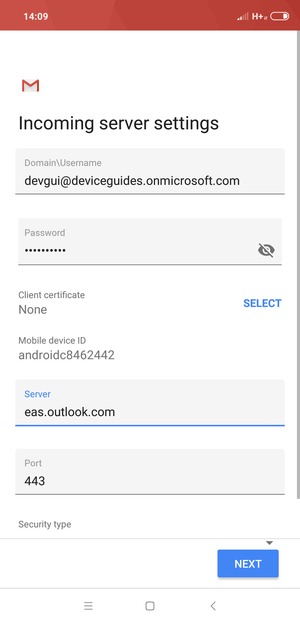 Enter Exchange server address and select NEXT