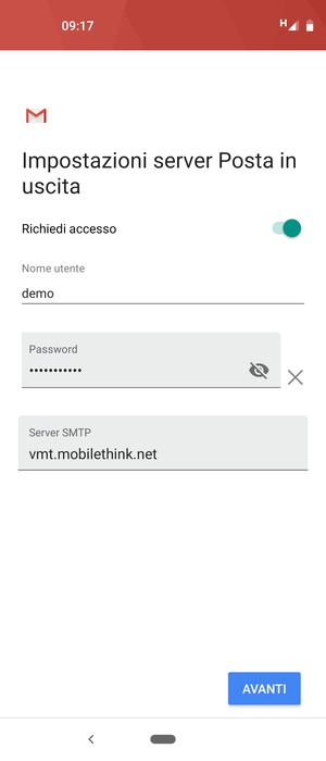 Inserisci l'indirizzo del server di posta in uscita