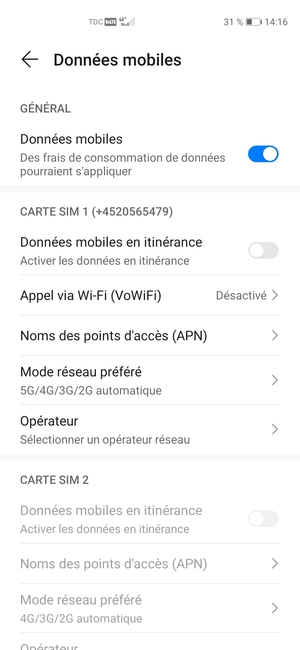 Faites défiler jusqu'à CARTE SIM 1 ou CARTE SIM 2 et sélectionnez Noms des points d'accès (APN)