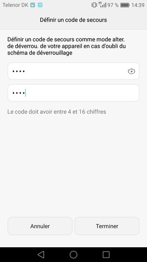 Saisissez votre Code de secours deux fois et sélectionnez  Terminer