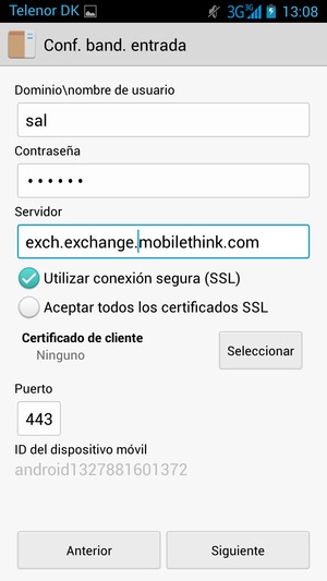 Introduzca Nombre de usuario y la dirección de servidor Exchange. Seleccione Siguiente