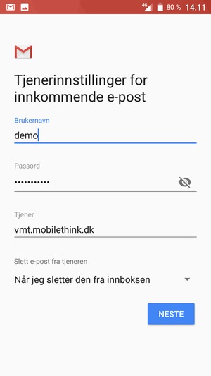Skriv inn Brukernavn og innkommende serveradresse. Velg NESTE