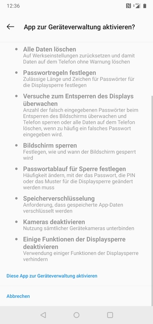 Scrollen Sie und wählen Sie Diese App zur Geräteverwaltung aktivieren