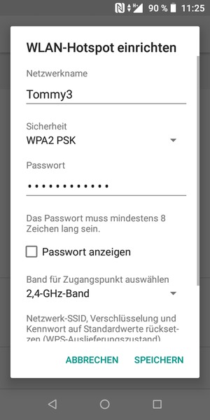 Geben Sie eine WLAN-Hotspot-Passwort mit mindestens 8 Zeichen ein und wählen Sie SPEICHERN