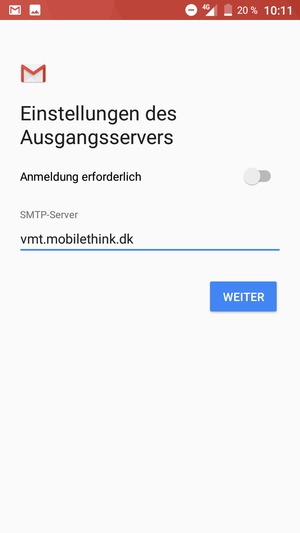 Geben Sie die Server-Adresse für ausgehende Post ein und wählen Sie WEITER