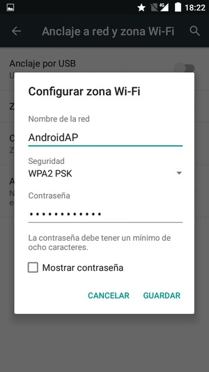 Introduzca una contraseña de punto de acceso Wi-Fi de al menos 8 caracteres y seleccione GUARDAR