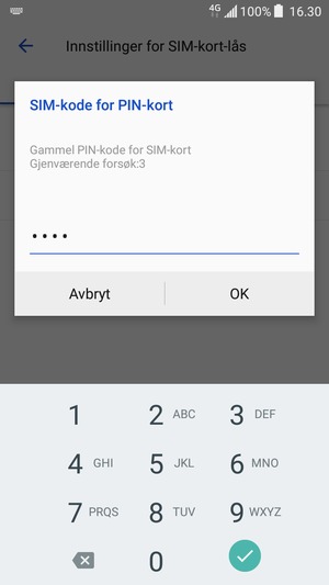 Skriv inn Gammel PIN-kode for SIM-kort og velg OK