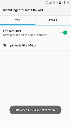 Din PIN-kode til SIM-kort er nu ændret