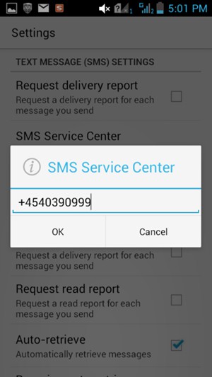 Enter the SMS Service Center number and select OK
