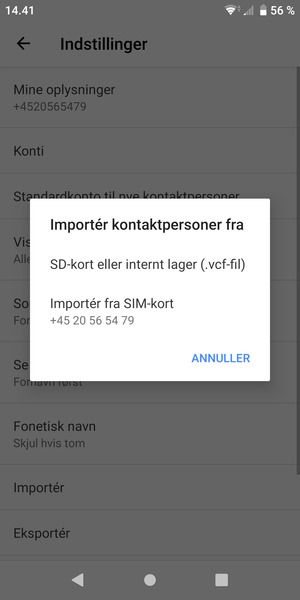 Vælg Importér fra SIM-kort
