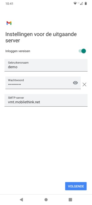 Voer Uitgaand serveradres in en selecteer VOLGENDE