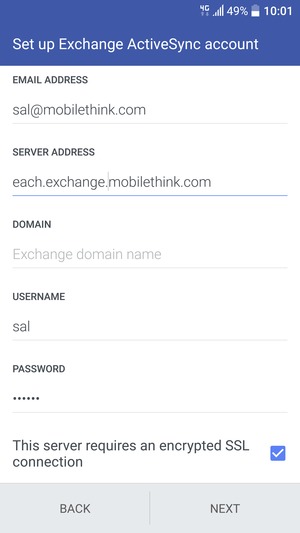 Enter Exchange server address and Username. Select NEXT